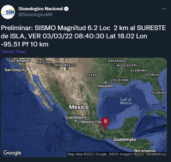 Sismo magnitud 6.2 en Isla, Veracruz; se percibió en Puebla